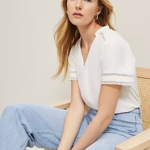 NEW Ann Taylor Petite Lace Trim Mixed Media Top Style 852600 White Size SP
